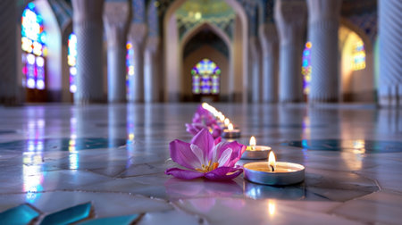 A tranquil scene featuring lit candles and pink flower petals on a pristine floor inside a colorful mosque, creating a serene atmosphere for reflection.の素材