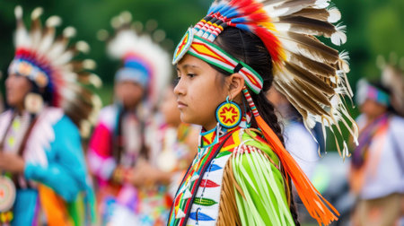 A young Indigenous girl stands gracefully, adorned in vibrant traditional attire with intricate designs and feathers, embodying cultural pride at a festival filled with joy.の素材