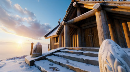 A breathtaking view of an ancient wooden structure covered in snow, illuminated by the warm glow of a sunset, surrounded by a tranquil winter landscape.の素材