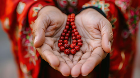 Close-up view of hands gracefully holding prayer beads, showcasing intricate craftsmanship and vibrant red attire. A symbol of devotion and spirituality.の素材