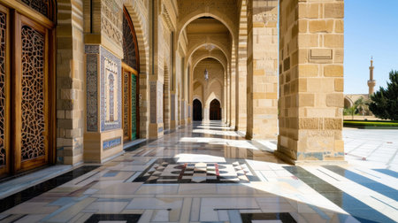 A stunning view of the serene archways of an ancient mosque showcasing intricate tile work. Natural light beautifully illuminates the historic corridor, creating a peaceful and spiritual atmosphere that invites reflection.の素材