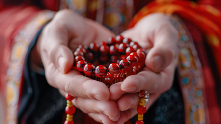 Hands gently cradle red prayer beads, symbolizing spirituality and meditation, contrasting beautifully with vibrant traditional attire in a serene atmosphere.の素材