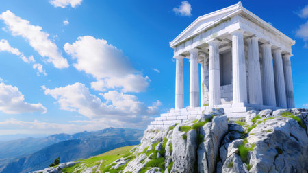 A breathtaking view of ancient Greek temple ruins perched on a rocky hill, surrounded by lush greenery and distant mountains, under a bright blue sky.の素材