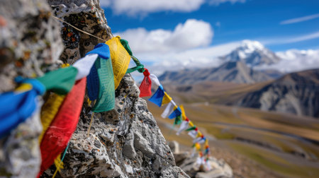 Vibrant prayer flags ripple gently in the wind, set against a stunning mountain landscape, evoking a sense of peace and spirituality in nature.の素材