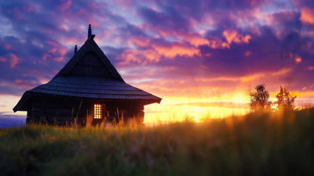 A wooden house stands gracefully as the sun sets, casting vibrant hues across the sky. Lush grass in the forefront enhances the peaceful countryside atmosphere.の素材