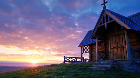 A charming wooden chapel sits atop a gentle hill, illuminated by a stunning sunset. Vibrant clouds and tranquil scenery capture the beauty of nature.の素材