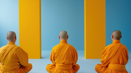 Three monks sit peacefully in meditation against a minimalist background of vibrant color blocks, embodying tranquility, spirituality, and mindfulness.の素材