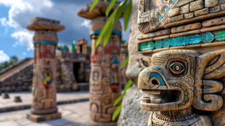 This stunning image captures an intricate stone sculpture in a historic Mesoamerican temple, showcasing colorful details and rich cultural heritage.の素材