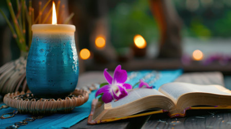 A serene setting featuring a glowing candle beside an open book adorned with a vibrant tropical flower, perfect for meditation and relaxation.の素材