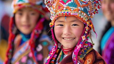 A cheerful young girl dressed in vibrant traditional attire and a decorative hat smiles joyfully during a cultural festival, showcasing her heritage.の素材