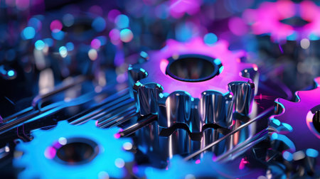 Explore a captivating close-up of metallic gears with vibrant colors and abstract lighting. This image represents themes of technology and innovation in a visually striking way, perfect for industrial projects.の素材