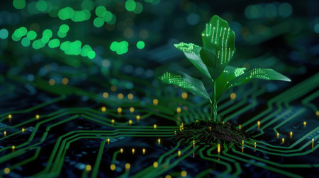 A vibrant green plant emerges from a circuit board, symbolizing the fusion of nature and technology, showcasing growth in a digital era.の素材