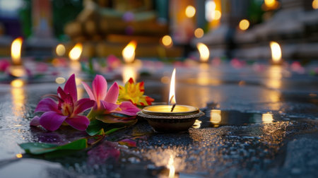 A stunning display of a candle surrounded by vibrant flowers set on a wet stone surface, creating a serene and peaceful atmosphere, ideal for relaxation.の素材