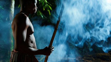 A young man stands in a misty forest, holding a stick amidst swirling smoke, evoking a serene and mysterious atmosphere in nature's embrace.の素材