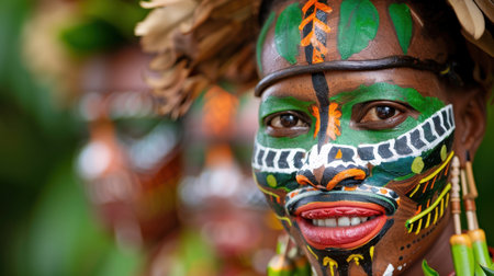 This image captures an individual adorned with traditional face paint, showcasing the vibrancy and artistry of indigenous culture amidst a natural backdrop.の素材