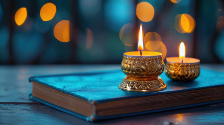This serene image features decorative candles on a beautiful book, illuminated by soft glowing lights in the background, perfect for creating a calming atmosphere.の素材