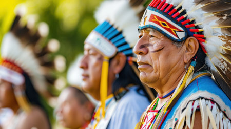 A vibrant gathering of indigenous men and women dressed in traditional attire showcases rich cultural heritage and celebration. The scene captures a moment of pride and unity in nature.の素材