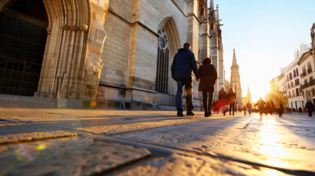 People enjoy a romantic evening stroll together along a sunlit street, surrounded by stunning historic architecture, with warm golden hues illuminating the scene.の素材