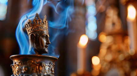 This captivating image features a crowned figure exuding elegance, surrounded by mesmerizing smoke and soft candlelight, creating a mystical ambiance.の素材