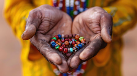 Close-up view of hands holding an array of colorful beads, showcasing craftsmanship and cultural heritage. An artistic representation of creativity and tradition.の素材