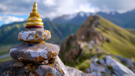 A striking stone stupa sits atop a mountain, framed by breathtaking snow-capped peaks and lush green hills under a vibrant sky.の素材