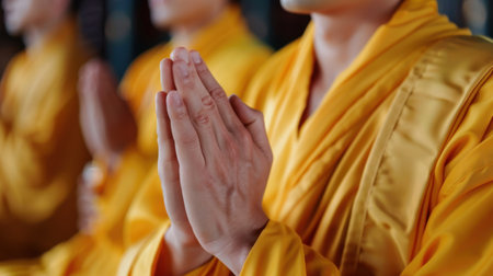 Close-up view of hands in a prayer pose, showcasing the devotion of Buddhist monks. The bright yellow robes symbolize spirituality and peace in a serene environment.の素材