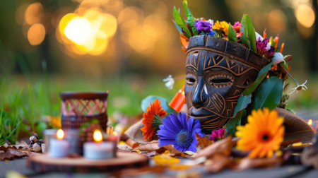 A beautifully carved wooden mask adorned with fresh flowers and candles, set against a natural backdrop, creating a serene and artistic atmosphere ideal for cultural celebrations.の素材