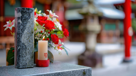 A serene scene featuring a decorative candle and flower arrangement at a shrine. The vibrant red roses contrast beautifully with the grey stone, creating a tranquil atmosphere ideal for remembrance and devotion.の素材
