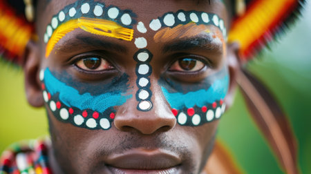 A striking close-up portrait showcasing an indigenous man adorned with vibrant face paint and traditional tribal accessories, offering a glimpse into cultural heritage and identity.の素材