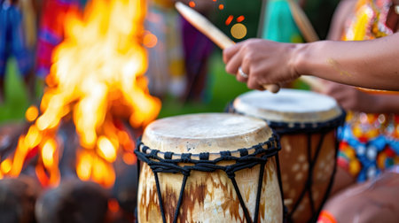 A captivating scene of skilled hands playing traditional drums beside a warm campfire, embodying the spirit of cultural celebration and community.の素材