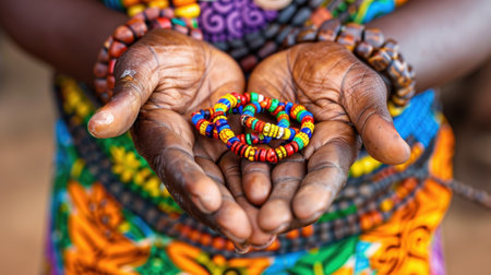 A close-up image capturing a skilled artisan's hands holding vibrant handmade beads, showcasing traditional craftsmanship and cultural heritage through colorful accessories.の素材