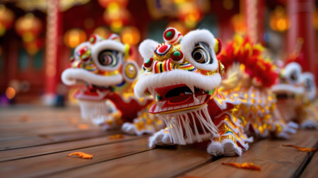 This captivating image showcases vibrant lion dance performers in a festive celebration, surrounded by colorful decorations and lanterns, expressing rich cultural heritage.の素材