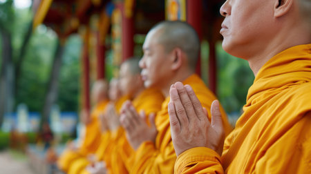 A group of monks in vibrant orange robes are seen praying in a serene temple environment, embodying spirituality and tranquility amidst nature.の素材