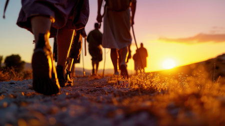 A group of travelers walks along a scenic trail as the sun sets on the horizon. Warm light bathes the landscape in a tranquil atmosphere, showcasing nature's beauty.の素材