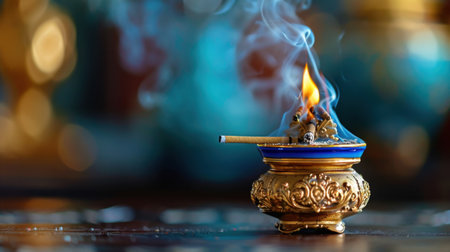 This stunning image showcases an elegant incense burner, featuring a vibrant flame and intricate golden details, set against a dreamy blue bokeh background.の素材