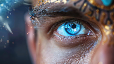 A striking close-up image showcasing a person's vibrant blue eye, adorned with intricate body art, evoking emotion and creativity through captivating details.の素材