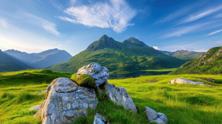Experience the breathtaking beauty of the Scottish Highlands with this stunning landscape featuring lush green fields, dramatic mountain peaks, and a clear blue sky.の素材