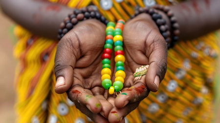 Close-up of hands delicately holding vibrant handmade beads, showcasing the rich cultural heritage and artistry of traditional African craftsmanship.の素材