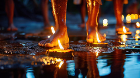 Tranquil twilight scene showcasing people standing in water as they create a serene ambiance with floating candles illuminating their bare feet, symbolizing celebration and reflection.の素材