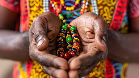 A close-up view of hands delicately holding vibrant beaded necklaces, showcasing the artistry and cultural richness of African jewelry craftsmanship.の素材