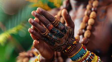 A close-up image capturing hands adorned with vibrant beads and intricate body art, reflecting deep cultural heritage and artistic expression.の素材