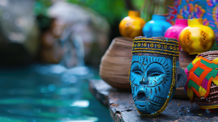 This vibrant handcrafted tribal mask showcases intricate details and bright colors, placed on a wooden table beside serene water, reflecting cultural artistry.の素材
