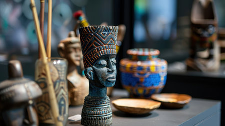 Discover a vibrant collection of intricately carved African artifacts showcasing artistic talent and cultural heritage amidst a modern exhibition backdrop.の素材