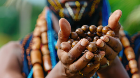 A close-up view of hands holding handcrafted beads, showcasing intricate details and vibrant cultural accessories. This image captures tradition and artistry.の素材