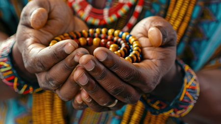 A close-up image showcasing hands holding colorful beads, adorned with traditional clothing that highlights cultural heritage and craftsmanship.の素材