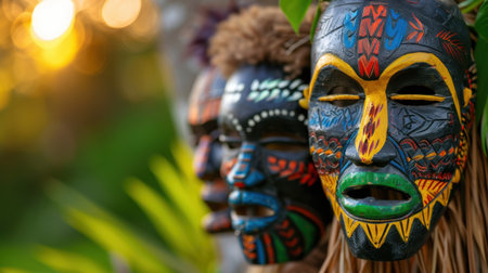 This stunning image features colorful tribal masks set against a lush green backdrop during a glowing sunset, showcasing vibrant cultural artistry and rich heritage.の素材
