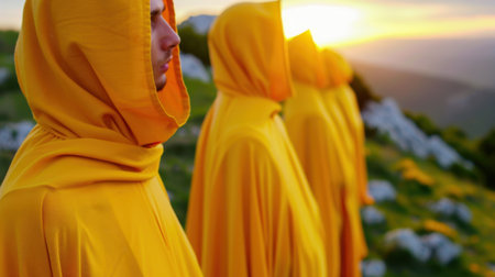 This image captures hooded figures dressed in yellow robes standing peacefully on a mountainside, bathed in the warm glow of sunset.の素材