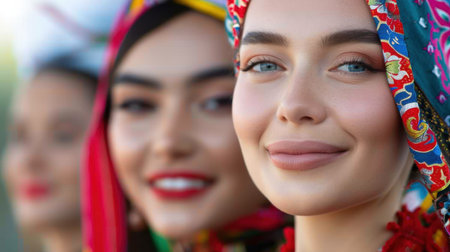 This captivating image features young women adorned in vibrant headscarves, expressing joy and unity in a culturally rich outdoor setting.の素材