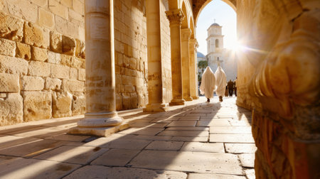 This captivating image showcases a serene walkway framed by historical pillars, bathed in sunlight. Monks quietly pass through, highlighting tranquility.の素材