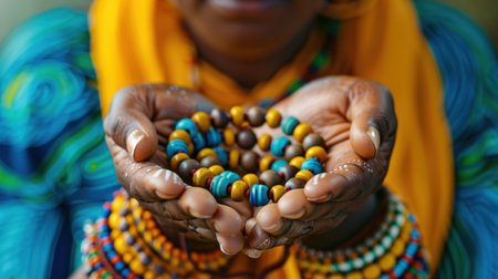 A stunning close-up of hands holding colorful handmade beads, representing cultural heritage and artisan craftsmanship in a vibrant, expressive setting.の素材